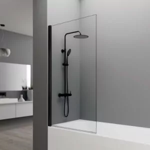 mampara fija de bañera con perfilería negra y cristal transparente