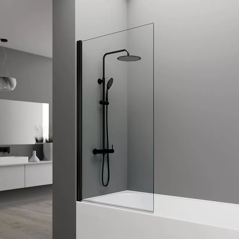 mampara fija de bañera con perfilería negra y cristal transparente