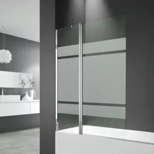mampara de bañera con panel fijo y hoja abatible de cristal serigrafiado