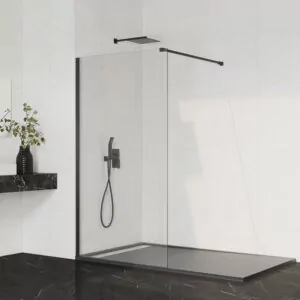 mampara fija de ducha con cristal transparente y perfil negro
