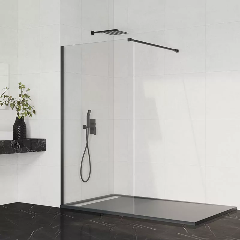 mampara fija de ducha con cristal transparente y perfil negro