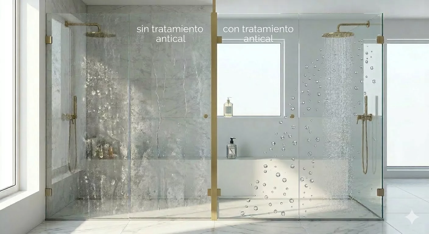 mampara de ducha con tratamiento antical con acabados dorados